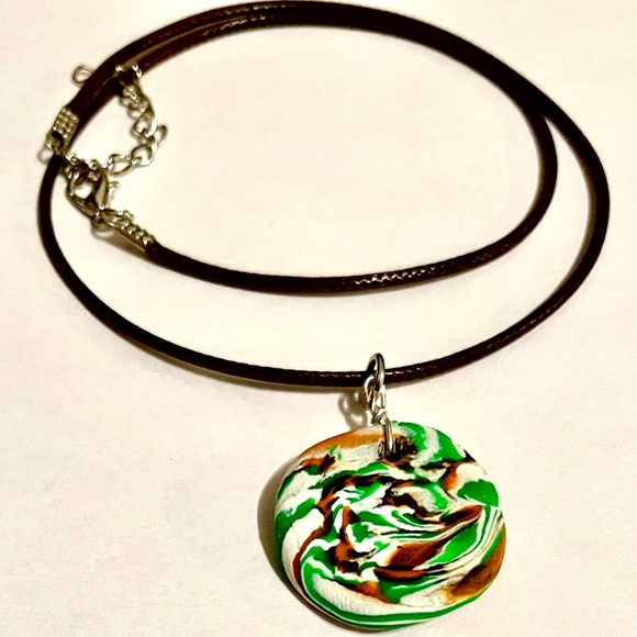Handmade Clay Necklace Green Brown White Unique - Picture 1 of 7